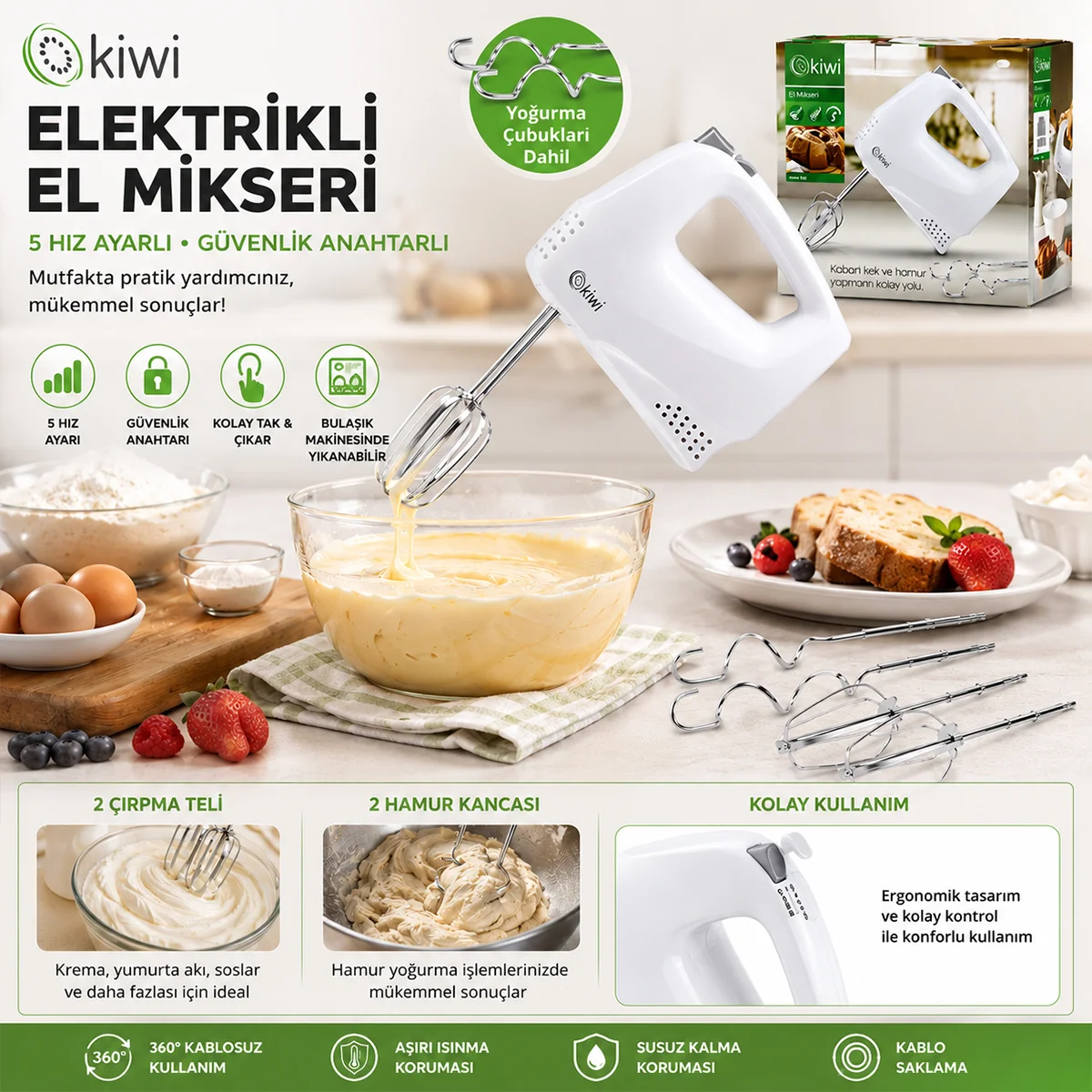 Elektrikli El Mikser 5 Kademe Hız - 2 Metal Çırpıcı & 2 Hamur Kancası görsel 3