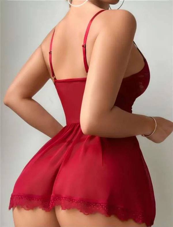 Bordo Dantel İşlemeli Tül Gecelik görsel 2