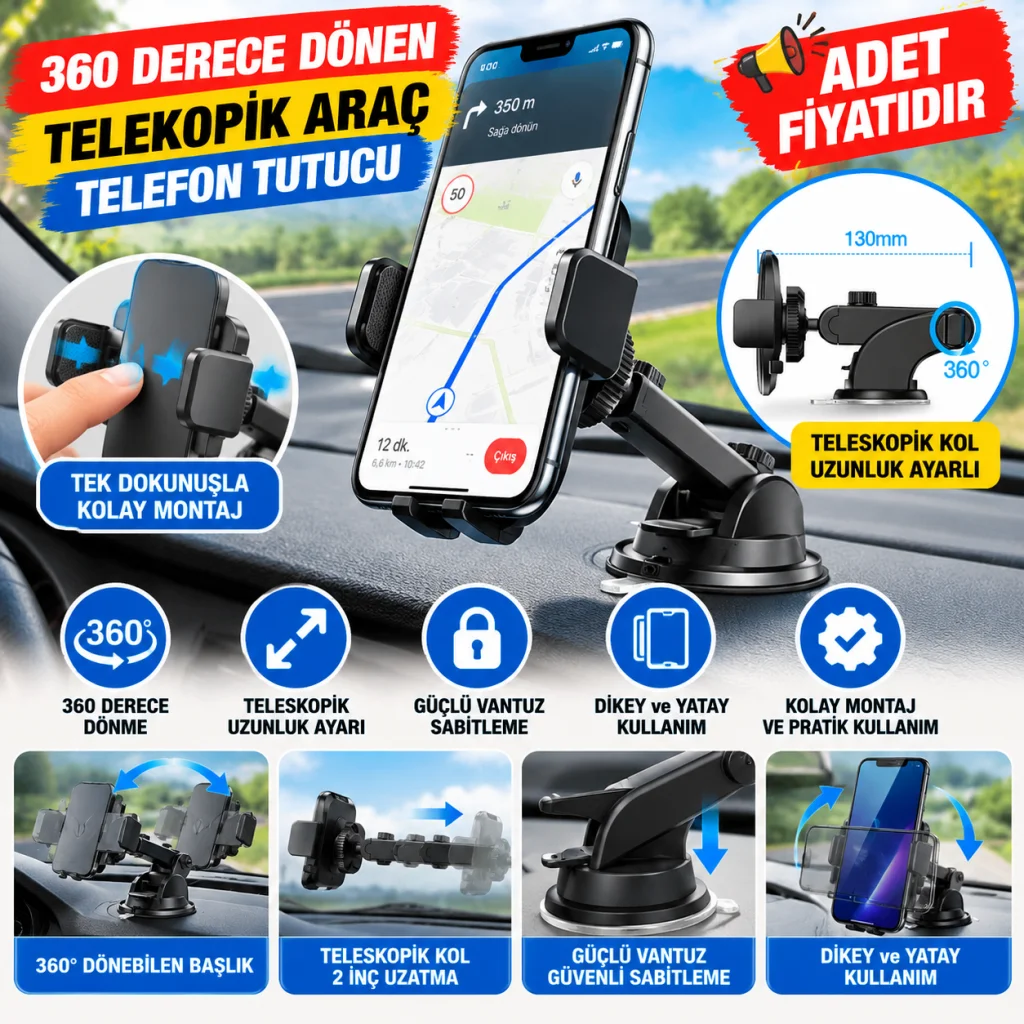360 Derece Dönen Torpido Üstü Uzunluk Ayarlamalı Vantuzlu Teleskopik Araç Telefon Tutucu (adet fiyatıdır)