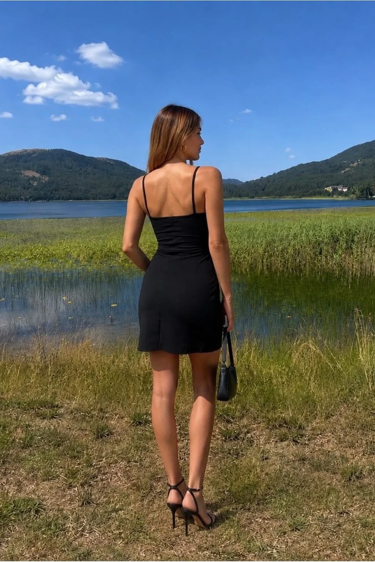 Kadın Kruvaze Yaka Drapeli Mini Askılı Elbise görsel 4