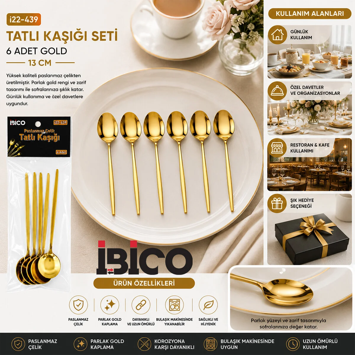60 Parça Gold Tatlı Kaşık Seti 13CM - 1 Paket İçinde 6 Adet Vardır - 10 Paket Gönderilir görsel 2