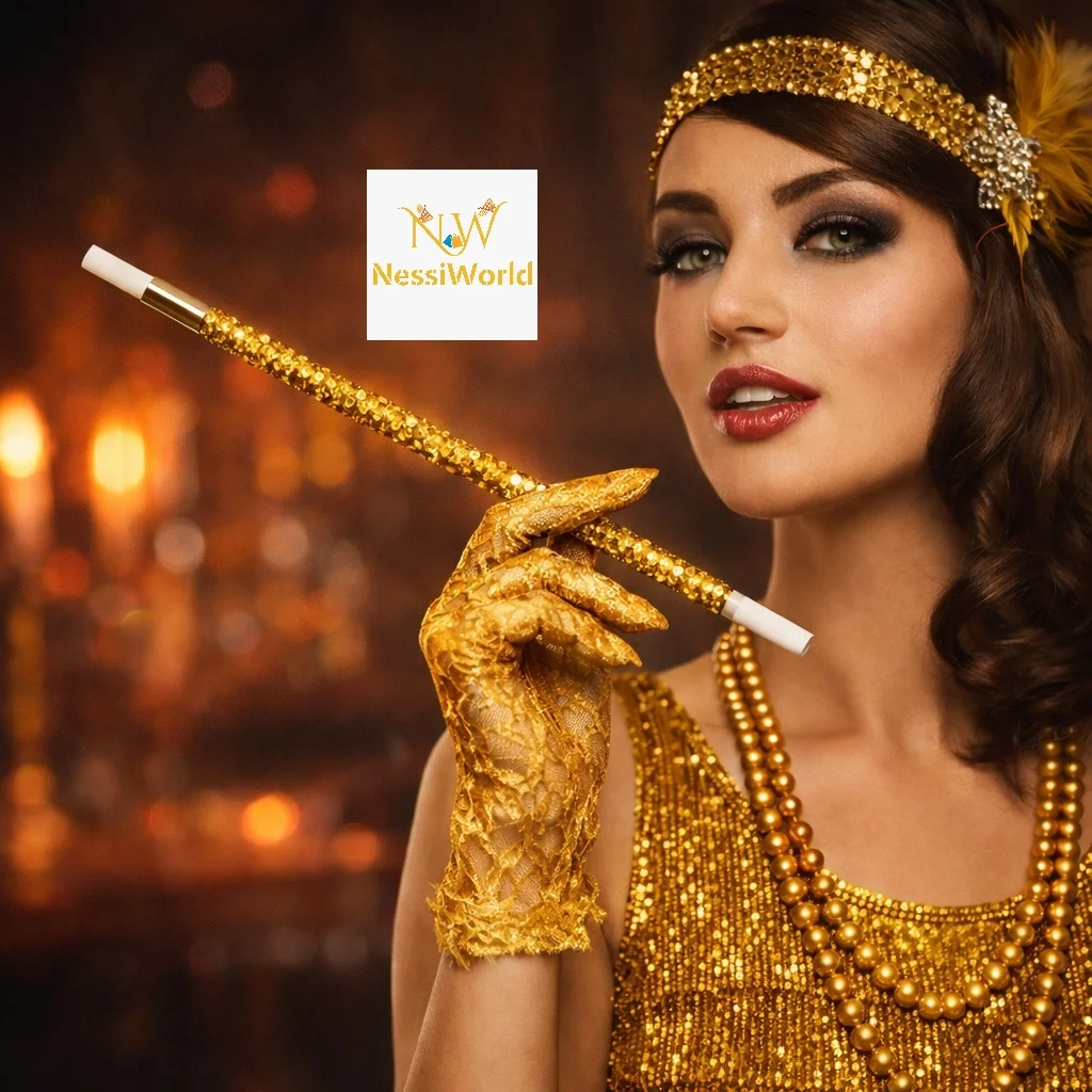 30 cm Altın Gold Payetli Tutacağı – 1920’ler Gatsby Parti Aksesuarı görsel 2