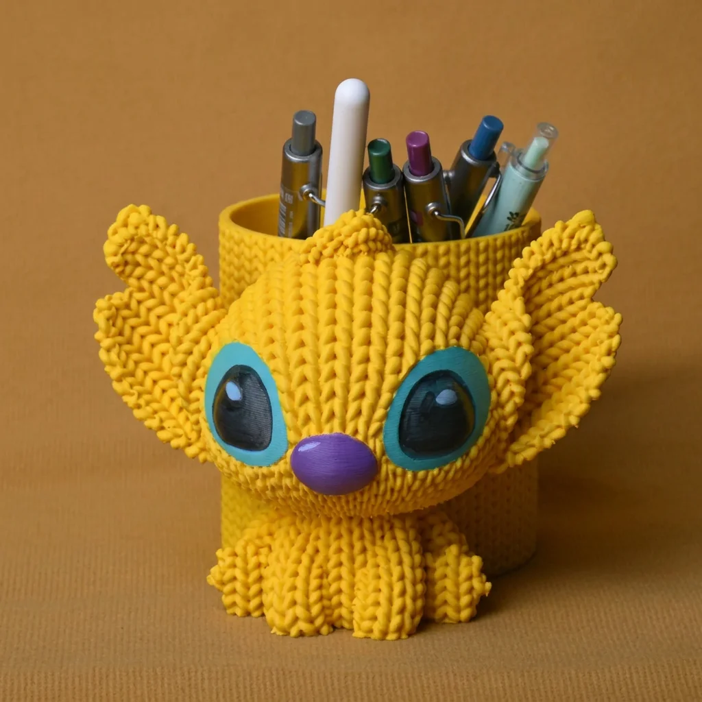 3D Baskı Knitted Kalemlik - Sevimli Karakterli Masaüstü Kalem Organizeri-Sarı