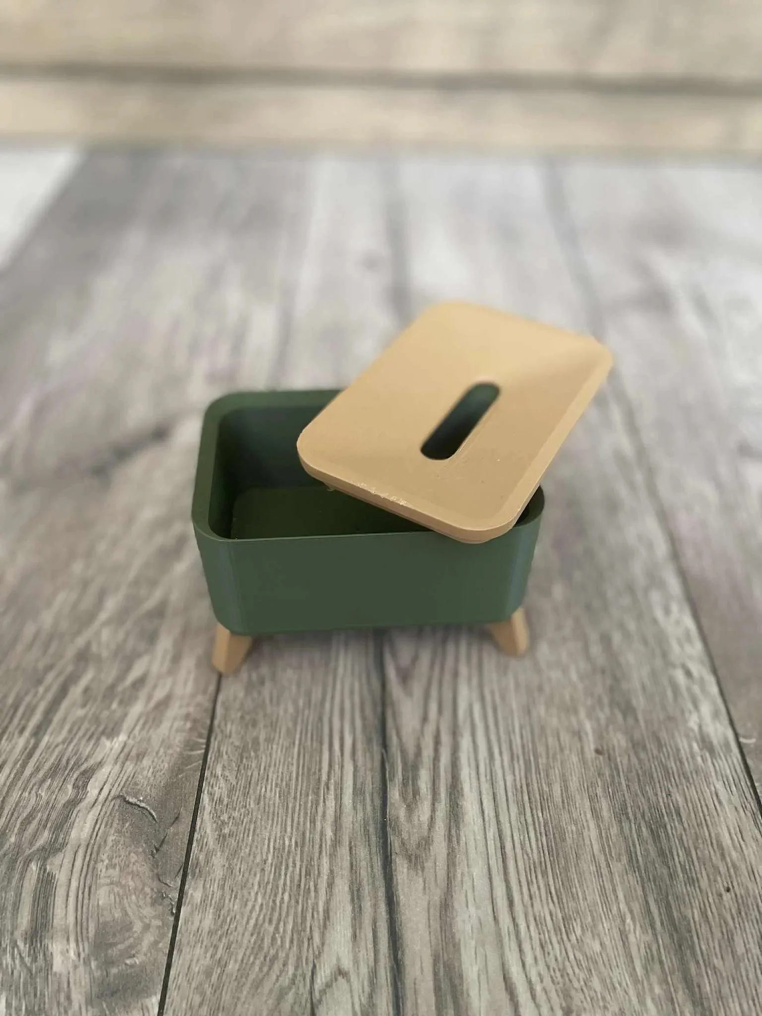 3D Baskı Ayaklı Dikdörtgen Küllük Ahşap Görünümlü Kapaklı Retro Dekoratif Sigara Küllüğü görsel 2