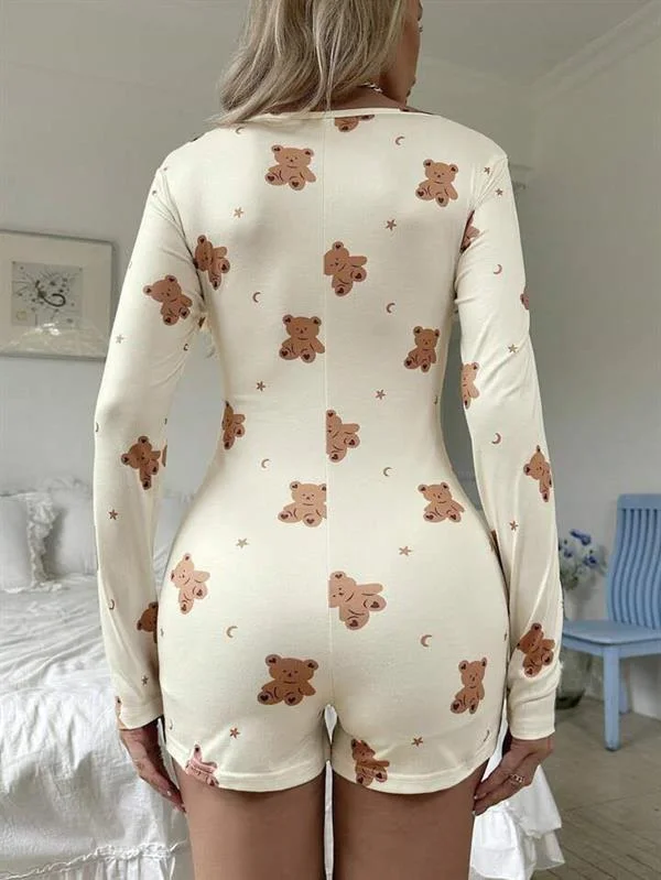 Pamuklu Ekru Ayıcık Desenli Düğmeli Tulum Pijama görseli