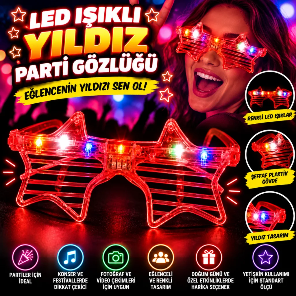 Kırmızı Led Işıklı Yıldız Parti Gözlüğü görsel 2
