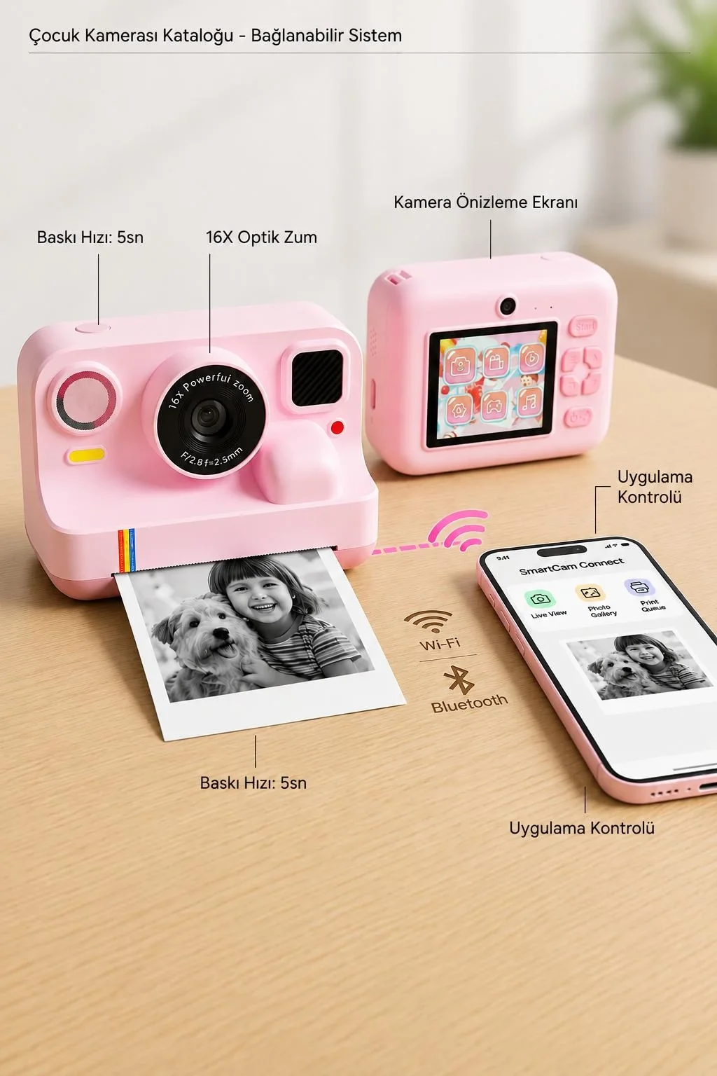 Çocuk Anında Baskılı Fotoğraf Makinesi 16MP Dijital Kamera 1080P Video WiFi Telefon Destekli görsel 3