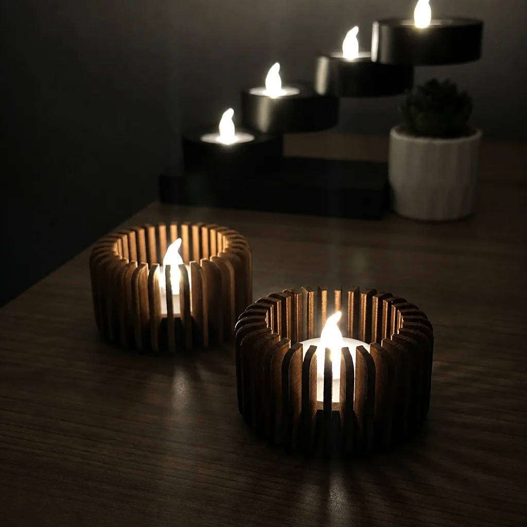 3D Baskı Modern Çizgili Mumluk - Tealight Mumluk (1 Adet)-Kahverengi görsel 3