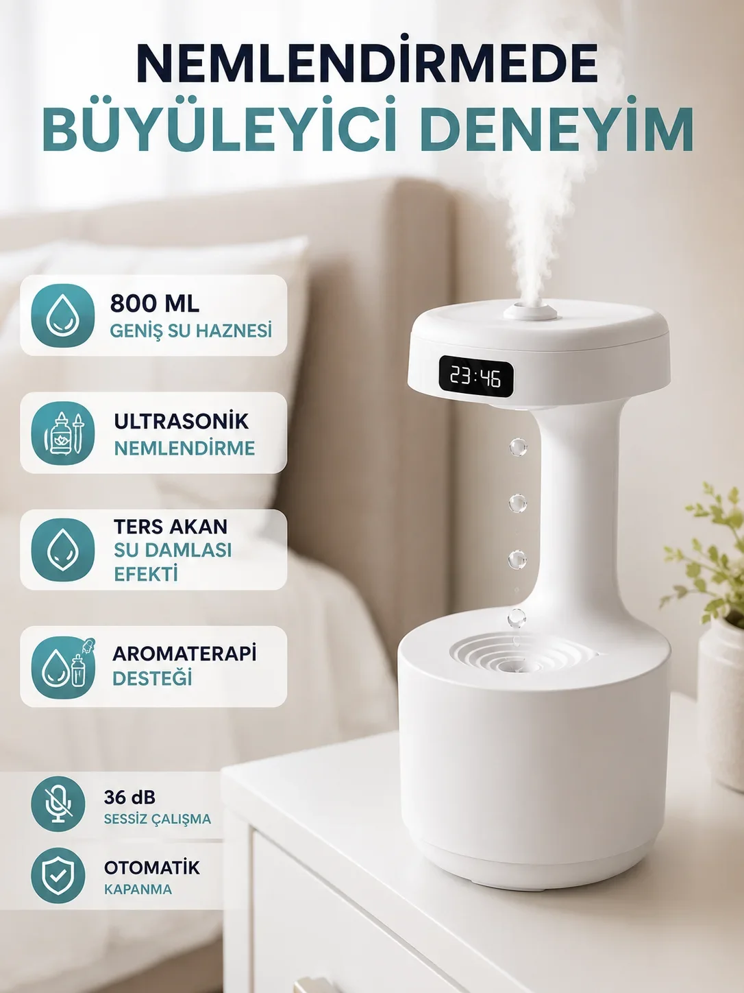 Dekoratif Hava Nemlendirici 800 ml Sessiz Aroma Difüzör Anti Yerçeki Su Efektli görsel 2