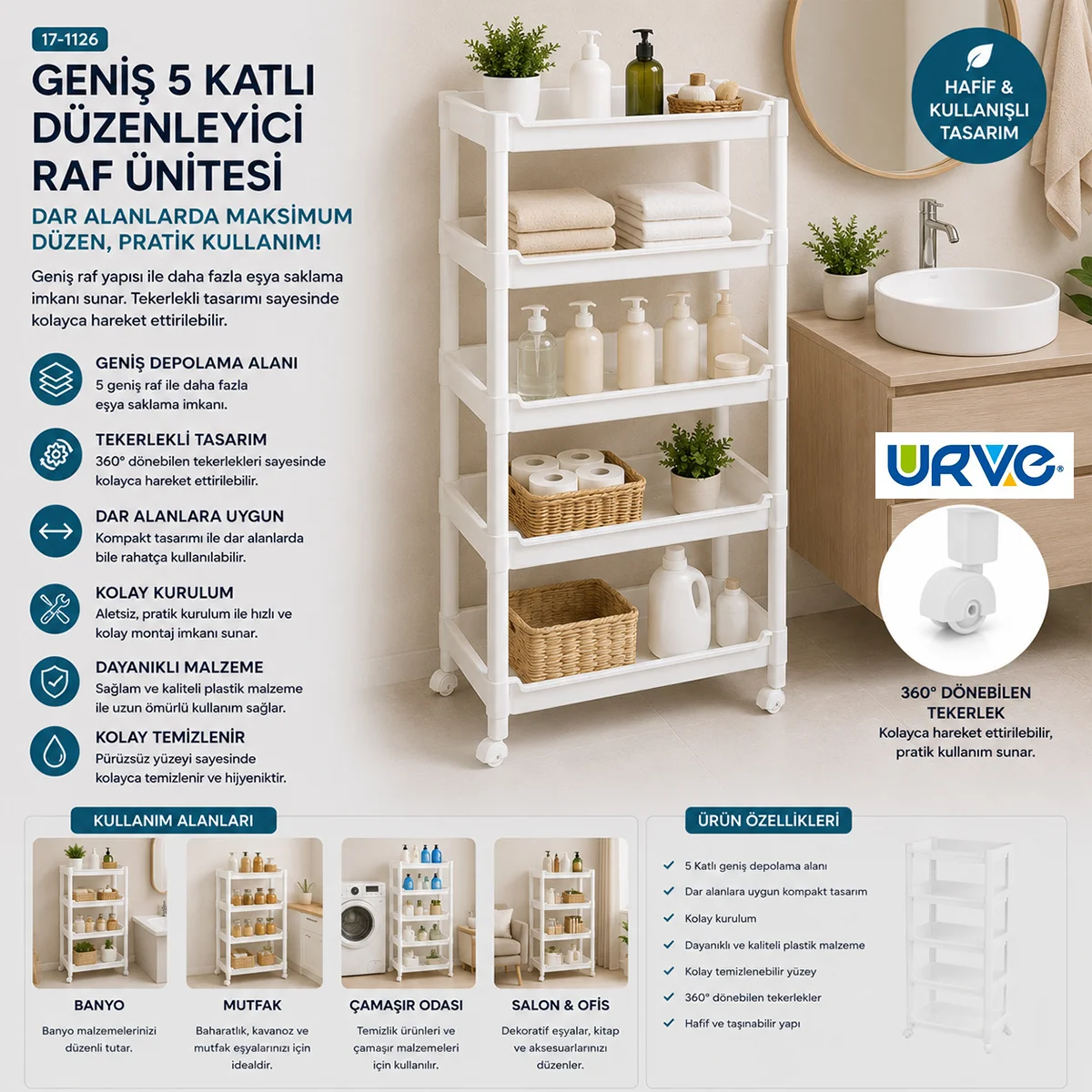 5 Katlı Tekerlekli Sepet Organizer Raf Ünitesi (355x220x850 mm) görsel 3