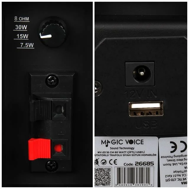 MagicVoice MV-19 2x7.5 CM 40 Watt Komütatörlü Hat Trafolu Siyah Sütun Hoparlör (2’li Takım) görsel 4