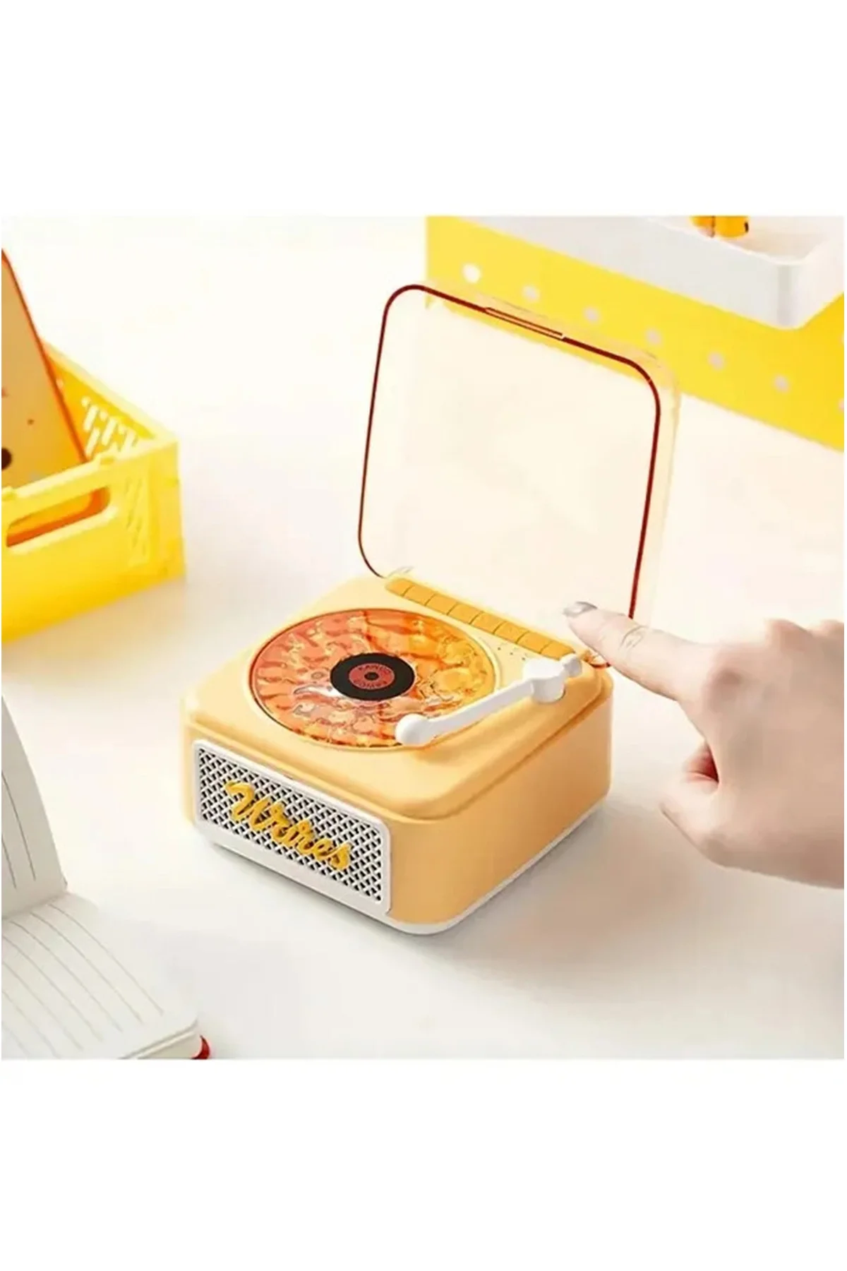 Nostalji Mini Plak Görünümlü Radyolu Bluetooth Hoparlör 3D Ses Dalgası Retro Müzik Plak Sarı görsel 2