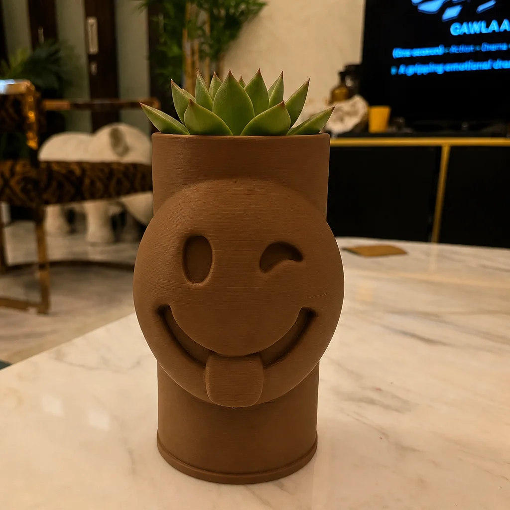 3D Baskı Emoji Planter - Göz Kırpan Yüzlü Sukulent Saksısı-Kahverengi görsel 2
