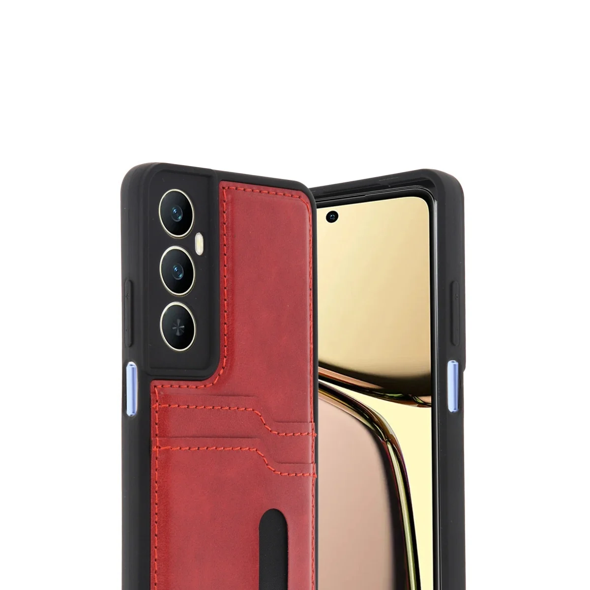 Realme C65 Sara Kartvizitli Deri Kılıf - Kırmızı görsel 2