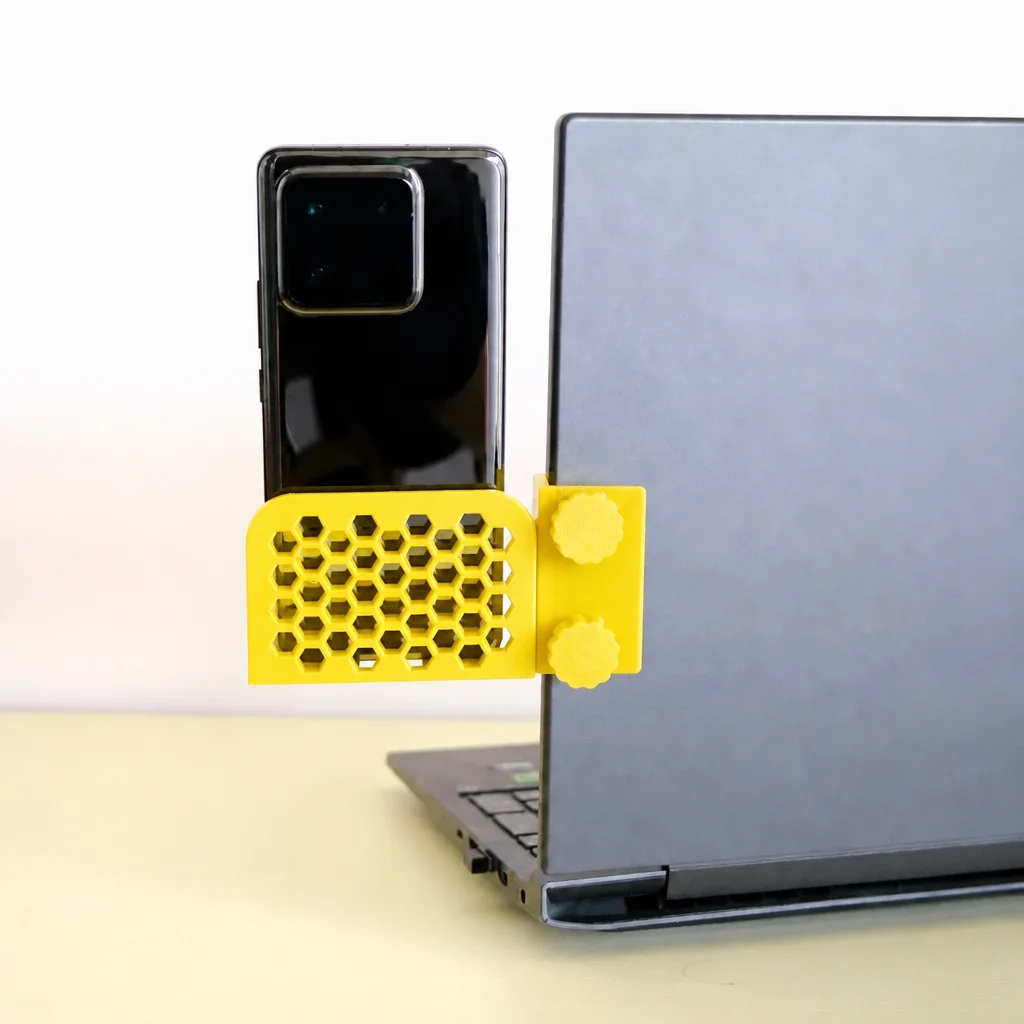 3D Baskı Monitor Telefon Tutucu - Petek Desenli Laptop Kenar Telefon Tutucu-Sarı görsel 3