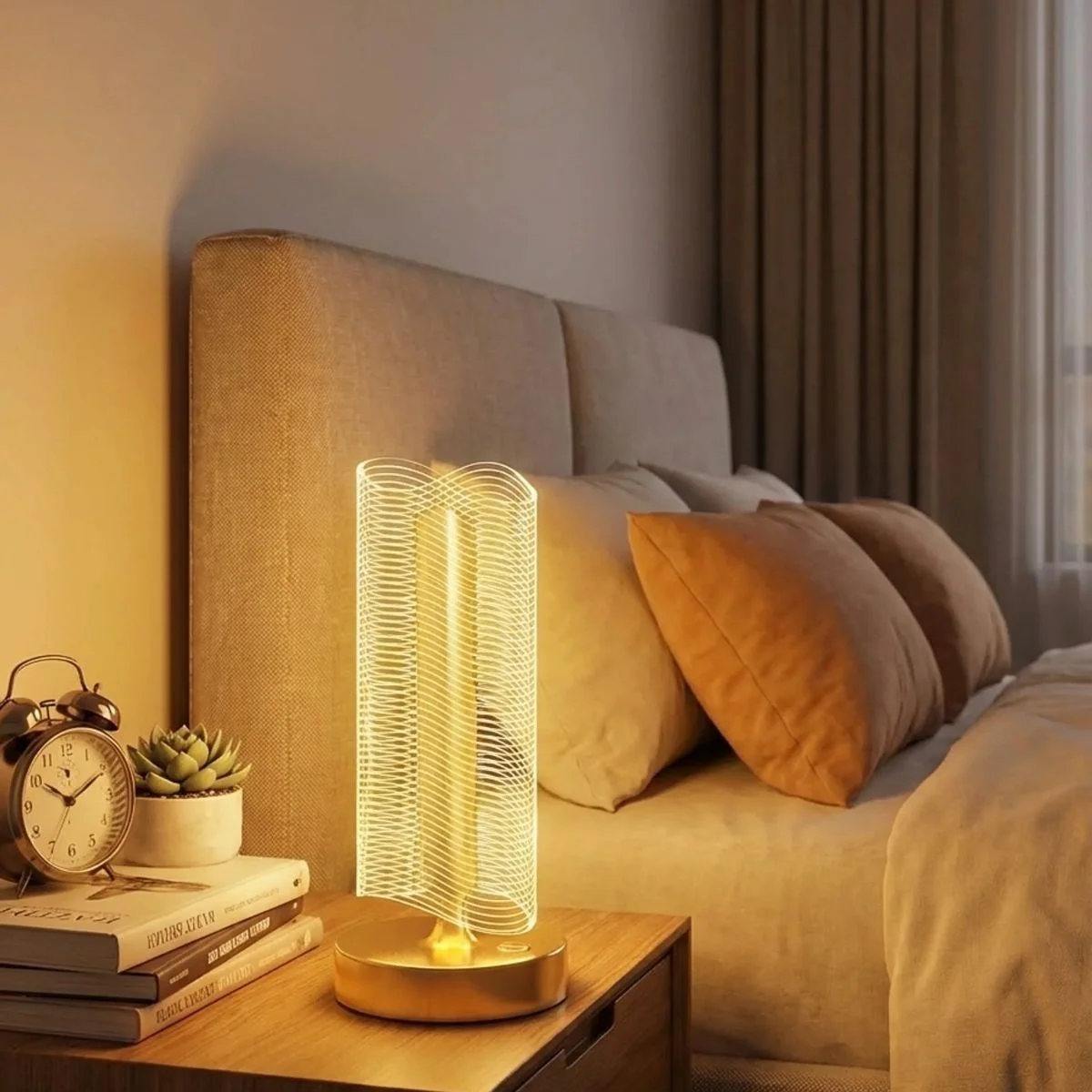 Dalgalı Silindirik Kristal Çizgili Model LED Masa Lambası – Gold Tabanlı, Dokunmatik, 3 Renk Işık Modlu, Şarjlı Modern Dekoratif Gece Lambası görsel 2