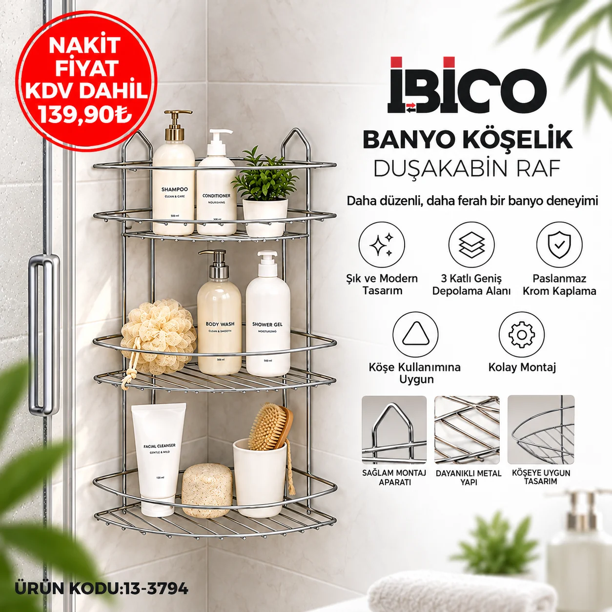 Üç Katlı Üçgen Metal Banyo Köşeliği Krom görsel 6