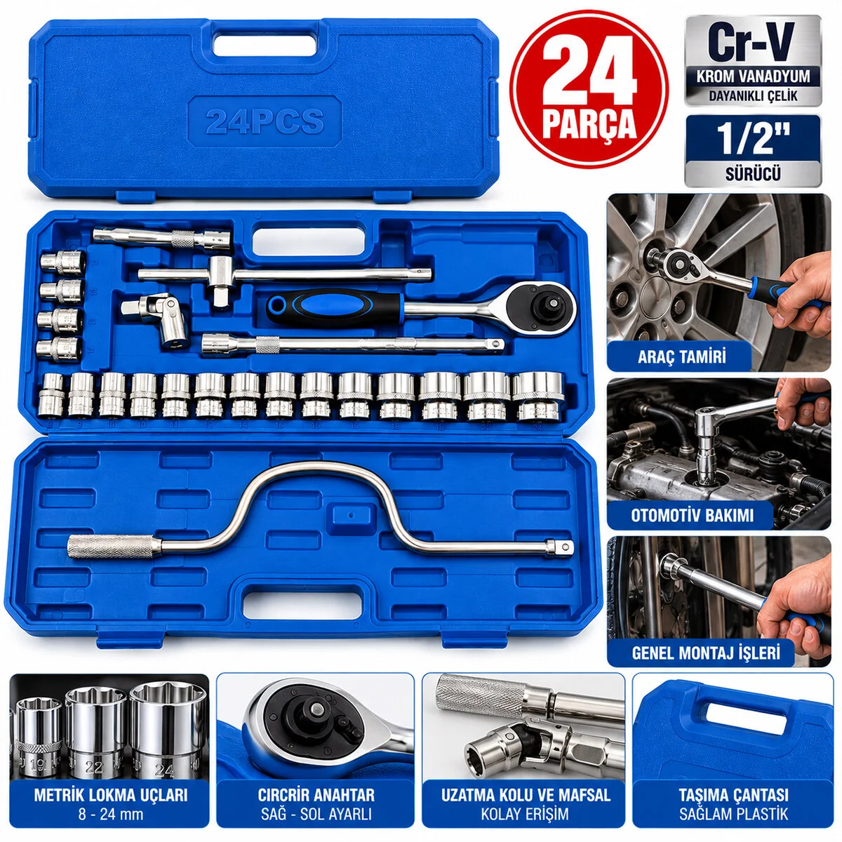 24 Parça 1/2 Inc Dr.socket Set Lokma - Soket - Adaptör - Cırcır Kolu Chrome Vanadıum Metal Çantalı