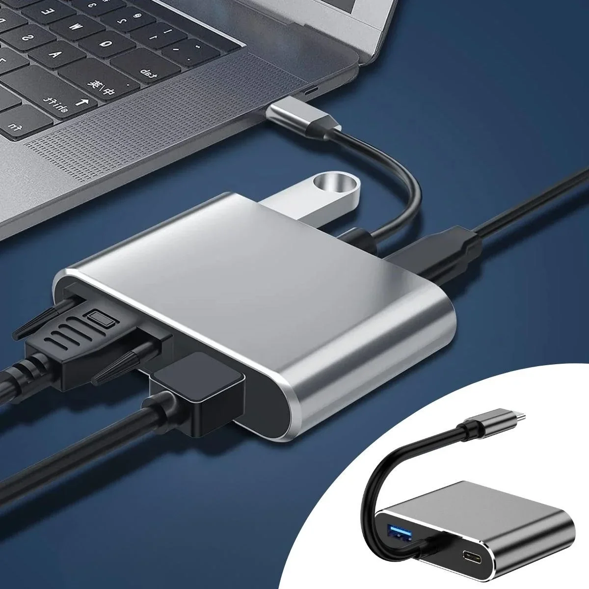 4’ü 1 Arada Type-C to Hub Dönüştürücü Adaptör – 4K Ultra HD HD & VGA Görüntü Aktarımı, PD Hızlı Şarj Destekli, USB Çoklayıcı