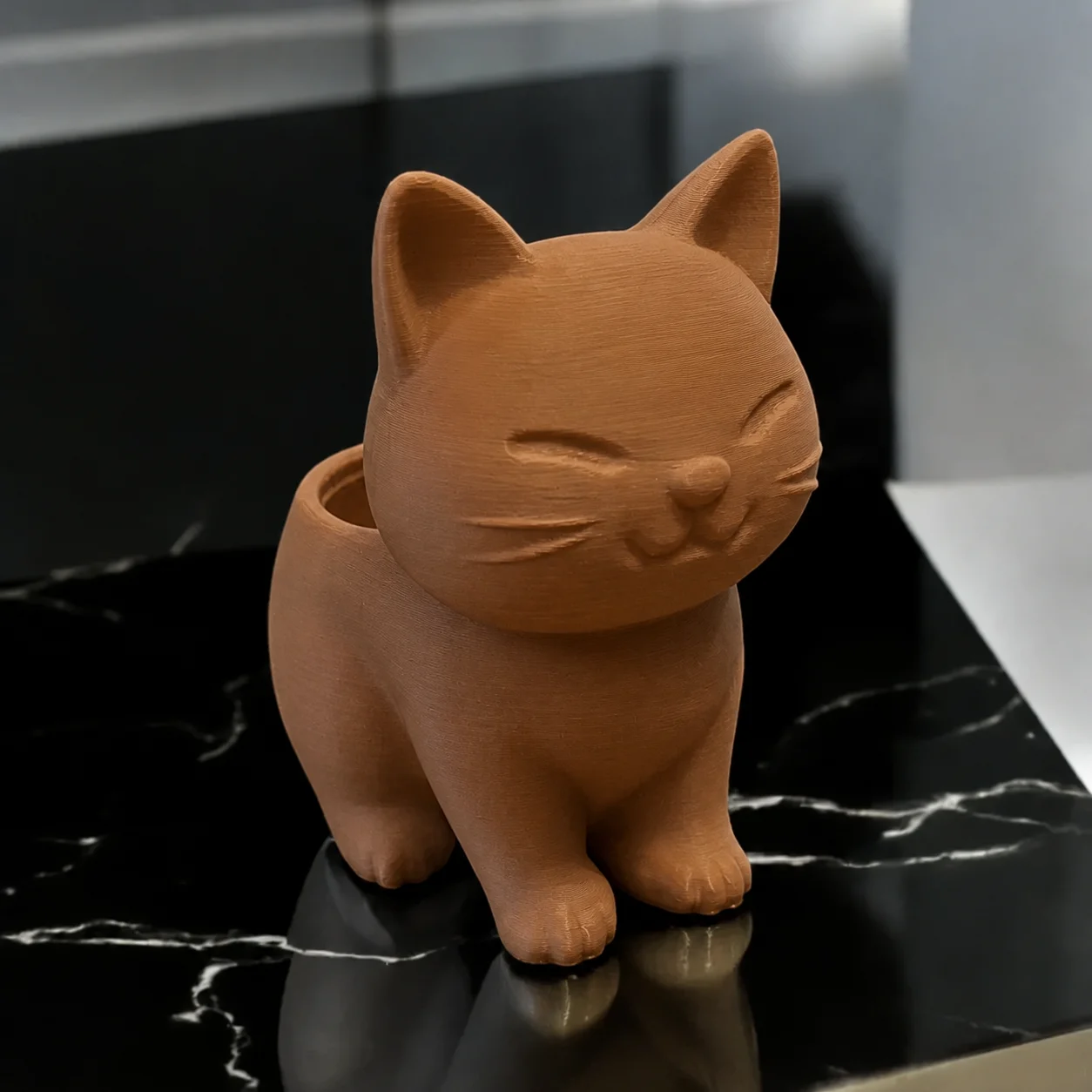 3D Baskı Sevimli Kedi Saksı - Figürlü Sukulent Saksısı-Kahverengi görsel 2