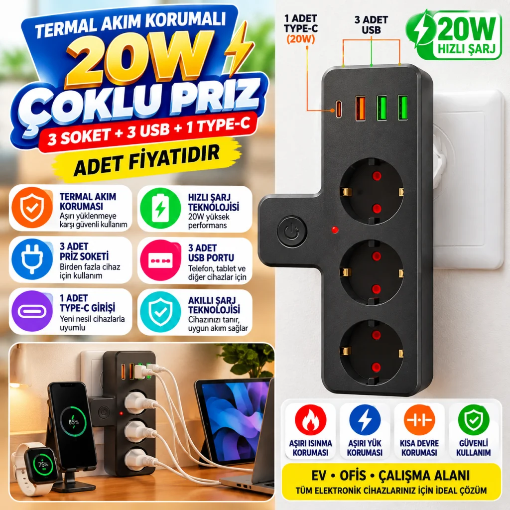 Yumurcak Shop Termal Akım Korumalı 3 Adet Soket,3 Adet USB ve 1 Adet Type-C Girişli 20w Priz Model 3397(adet fiyatıdır)