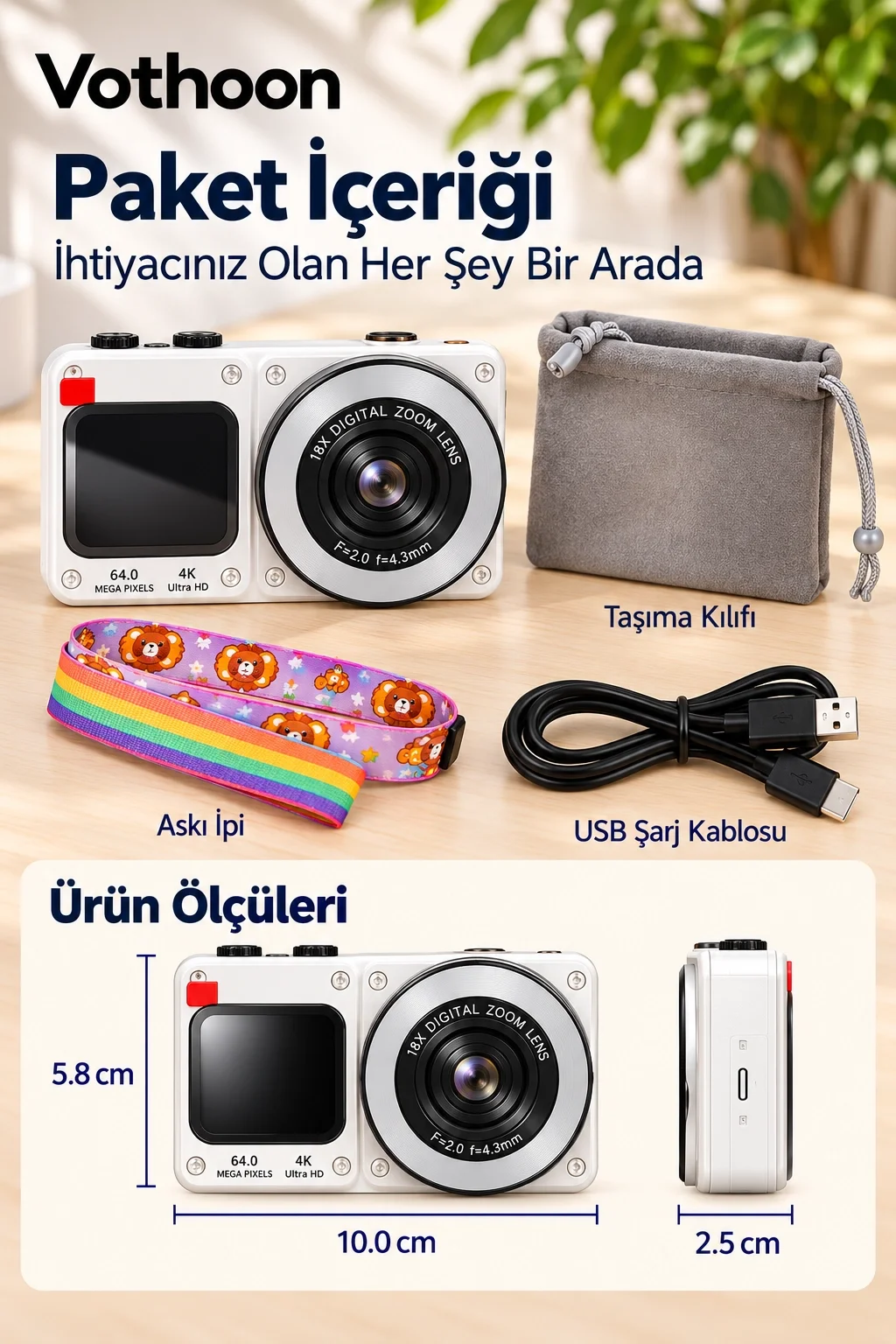 4K Dijital Fotoğraf Makinesi 18X Dijital Zoom 64 MP Ön ve Arka Ekranlı Kompakt Kamera Beyaz görsel 4
