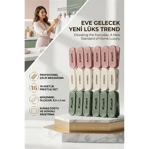 Lüks Çamaşır Mandalı Seti | 16'lı Çelik Yaylı İz Bırakmaz Profesyonel Mandal 723087 görsel 2