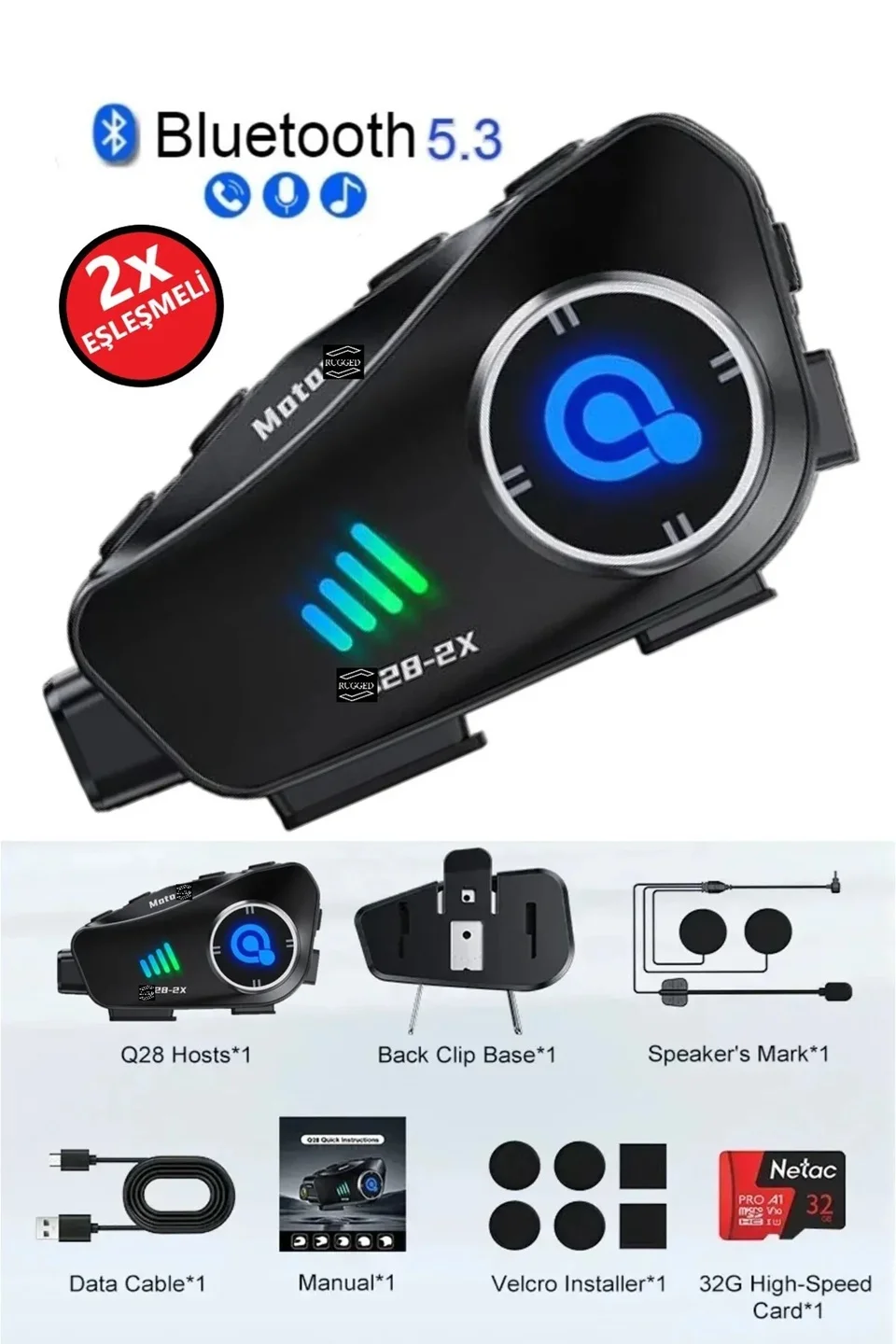 Q28 2X 2 Eşleşmeli Motosiklet Kask Bluetooth Kulaklık 1080p Kamera Su Geçirmez Intercom