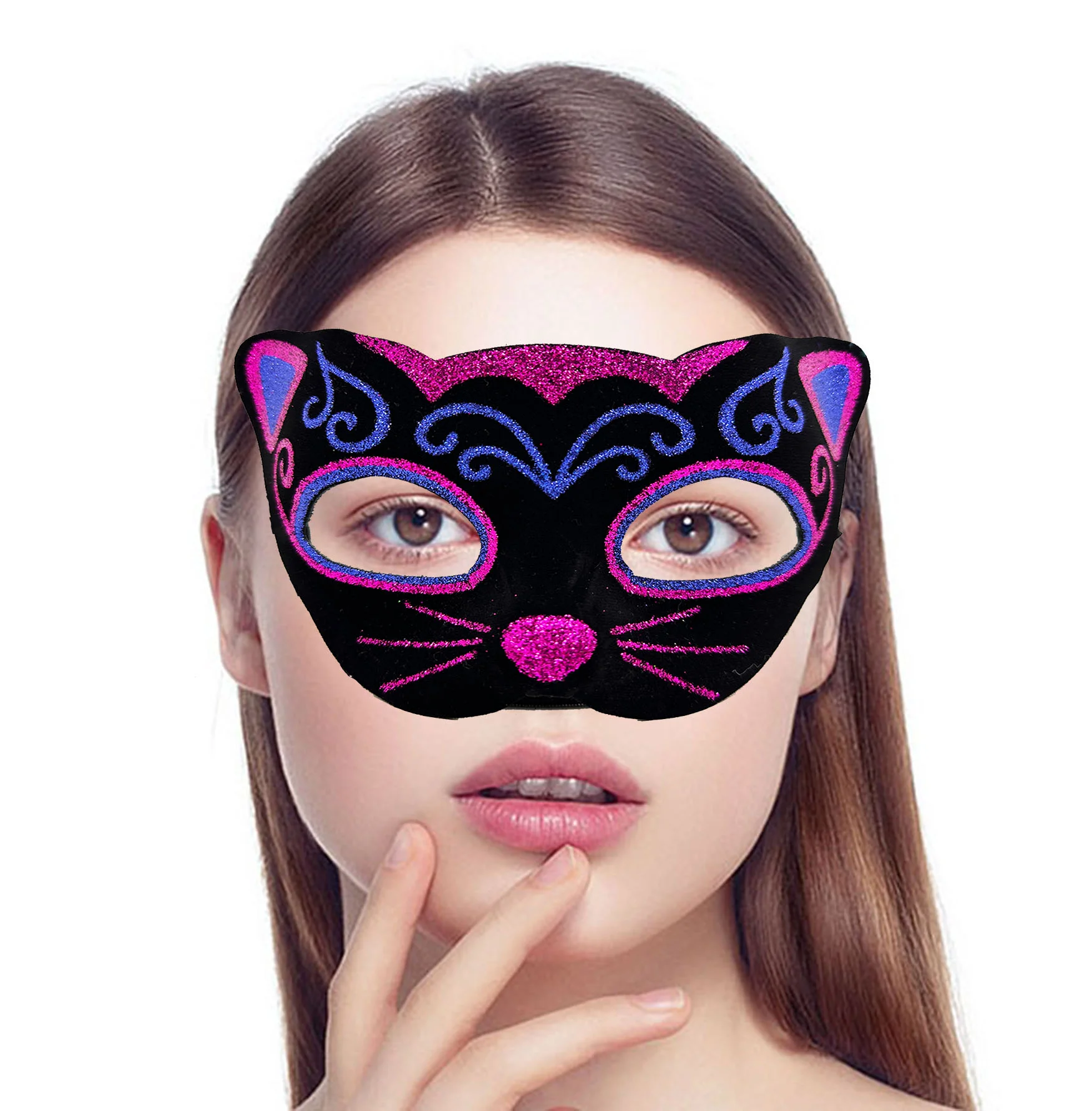 Siyah Kadife Kaplama Üzeri Pembe Mavi Sim İşlemeli Kedi Maskesi 20x13 cm görsel 2