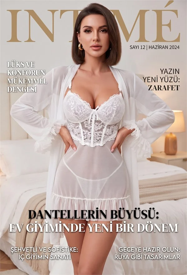 Beyaz Çiçek Dantelli Korse Detaylı Eteği ve Kolları Fırfırlı Tül Sabahlıklı Babydoll Gecelik Takımı – 2'li Çeyiz Seti görsel 3