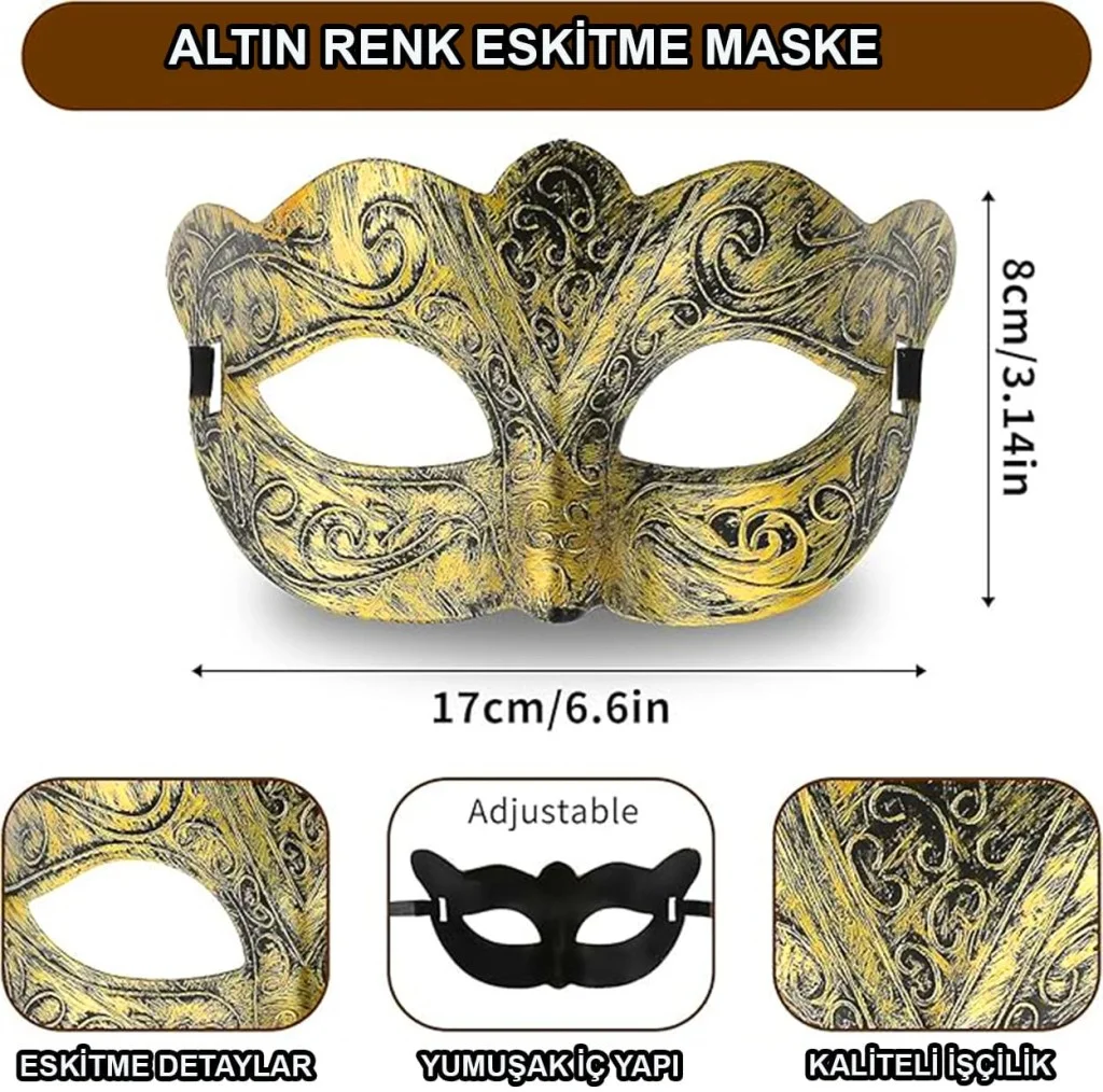 Altın Renk Eskitme Maskeli Balo Maskesi – Venedik Tarzı Parti Maskesi görsel 2