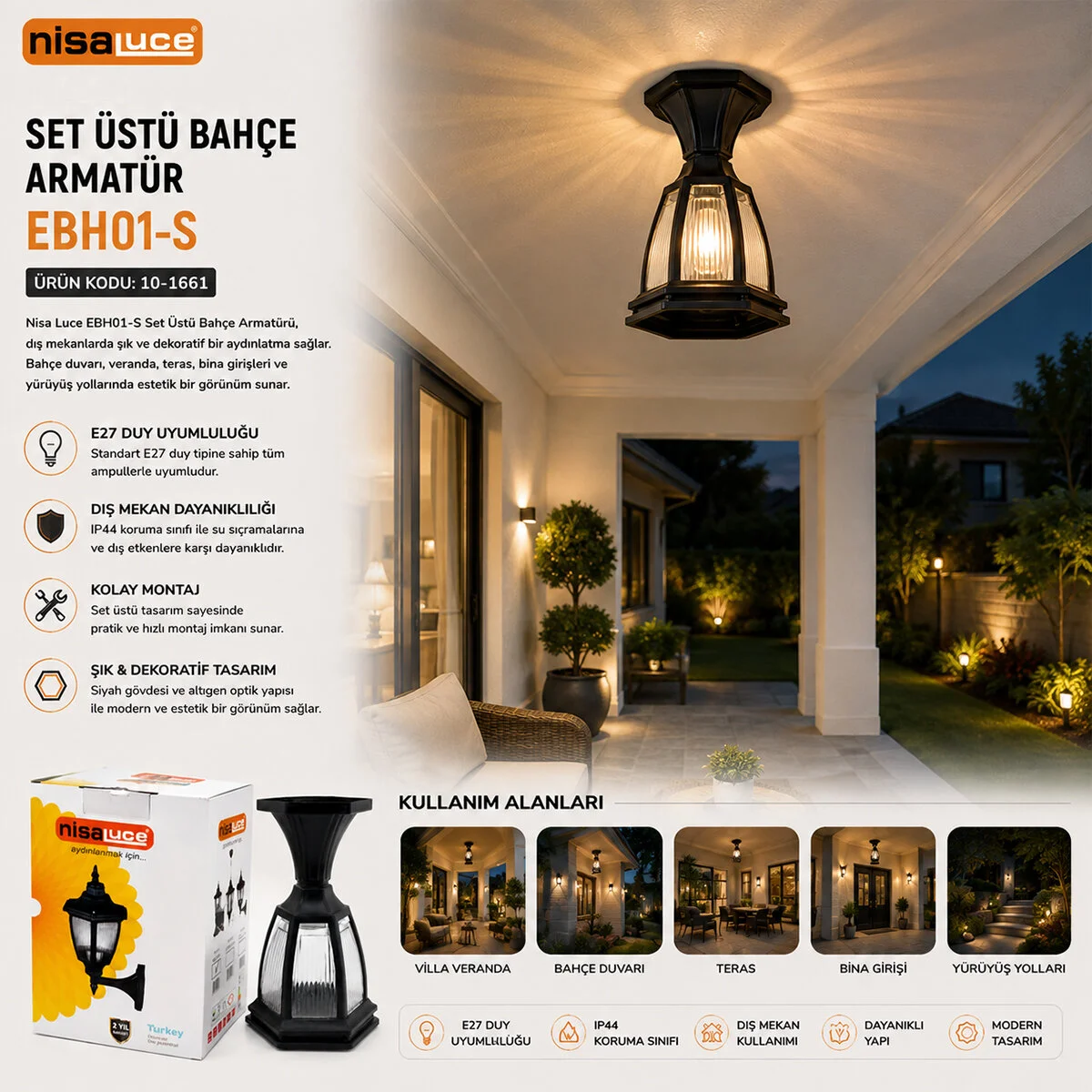 E27 - IP44 Siyah 60W Set Üstü Bahçe-balkon Sokak Lambası - Armatür EBH01-S görsel 2