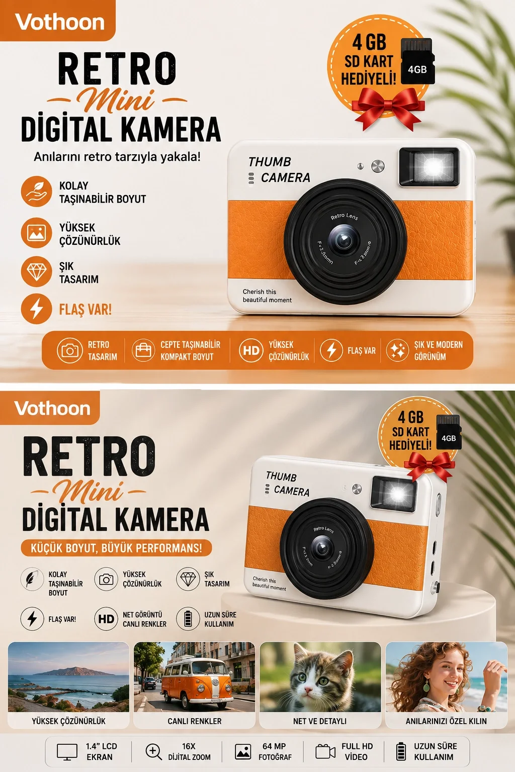 Retro ni Dijital Kamera 1080P 1.47 İnç Flip Ekranlı Flaşlı Selfie Vlog Kamerası 4GB SD Hediyeli Turuncu görsel 2