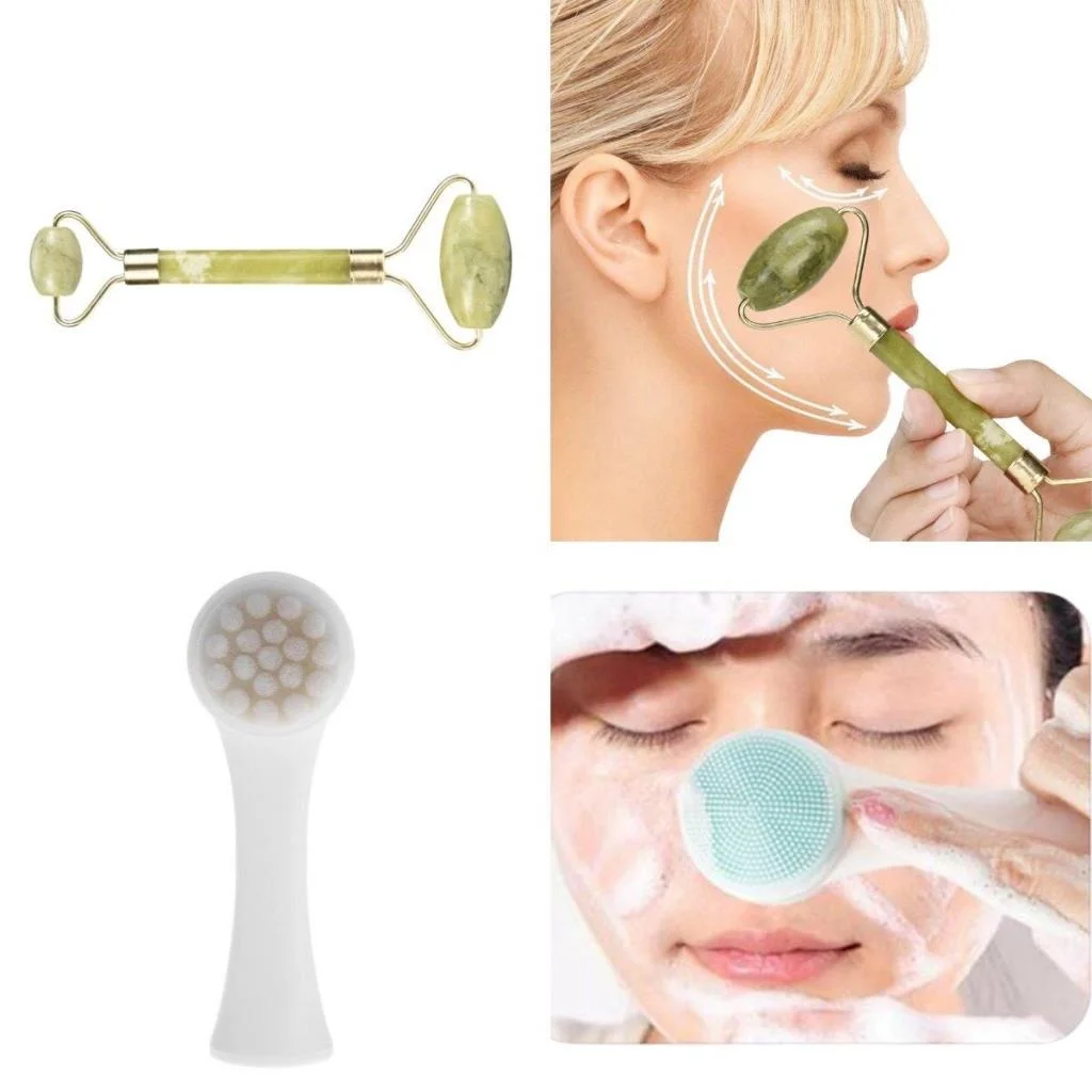 2li Set Çift Taraflı Cilt Temizleme Fırçası ve Yeşim Taşı Çift Taraflı Cilt Masaj Aleti görsel 3