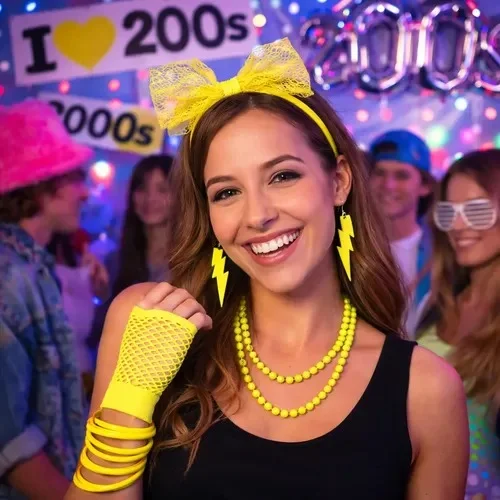80’ler 90’lar Neon Sarı Parti Seti – Kolye Küpe Taç görsel 5