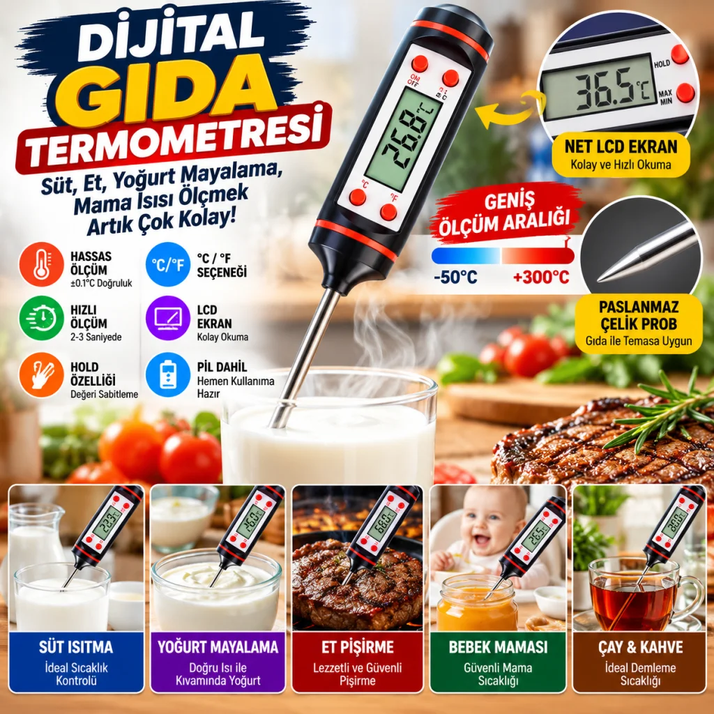 Dijital Gıda Termometresi Süt,Et,Yoğurt Mayalama,Mama Derecesi Ölçer Gıda Termometresi