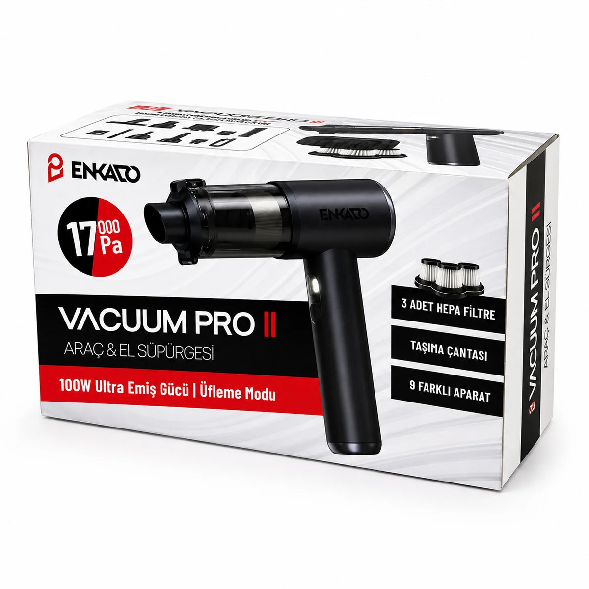 Oto Araç - 2IN1 Şarjlı 100W - 17000PA 9 Başlık - 3 Filtre El Tipi Basınçlı Hava Üfleme - Araç Süpürge Makinesi Taşıma Çantalı EKD-SP10 görsel 3