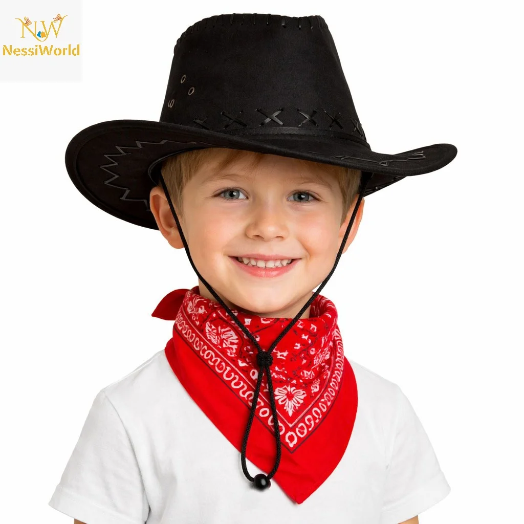 Çocuk Kovboy Şapka Siyah & Kırmızı Bandana Seti görsel 2