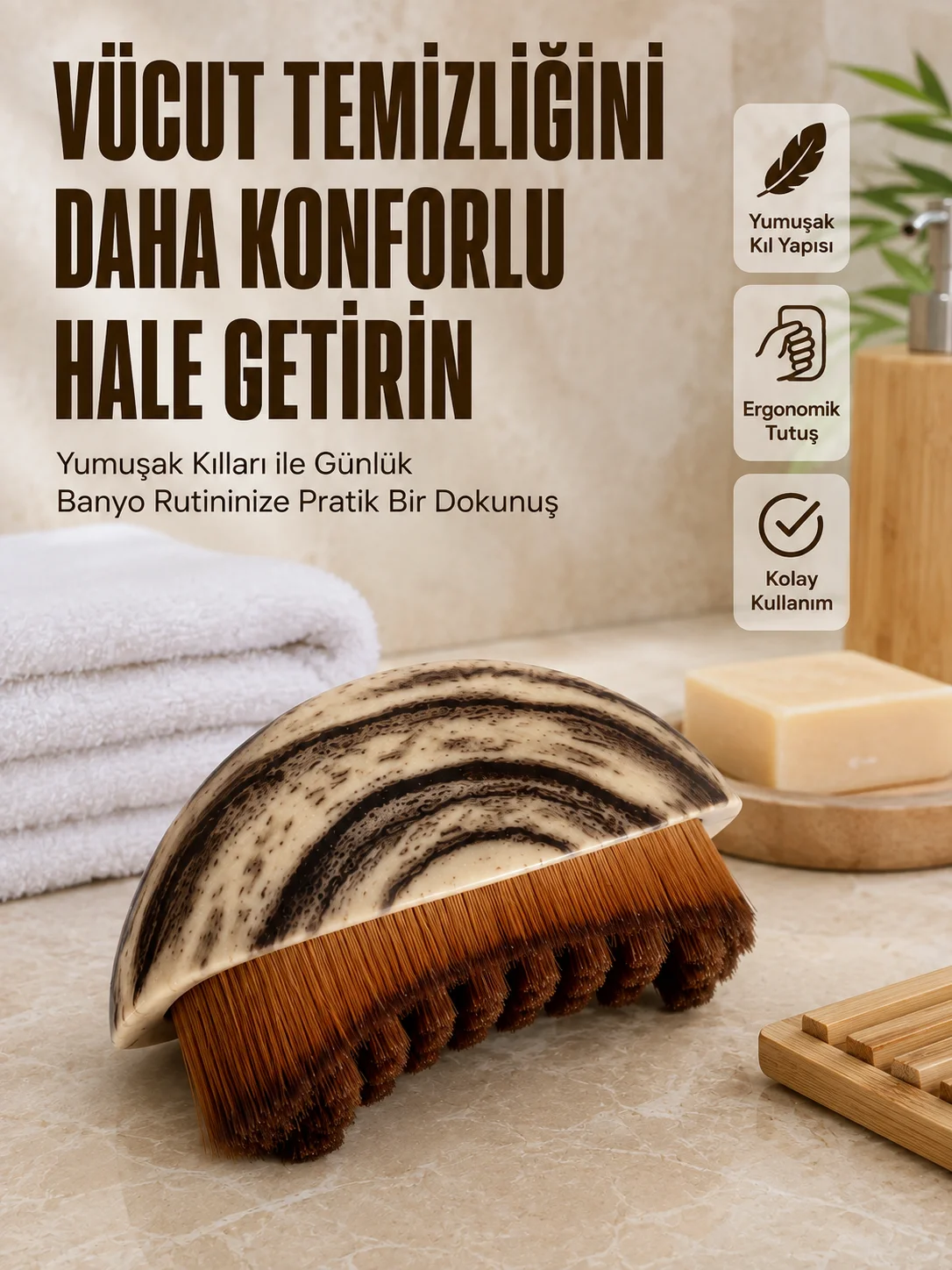 Yumuşak Kıllı Masaj Fırçası Vücut Tezleme Banyo Fırçası Ergonok Tasarım
