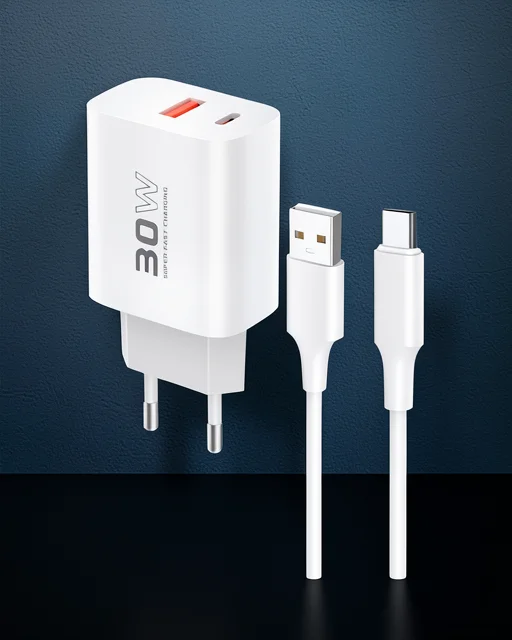 C89Q 1 Adet 30w Type-c Ve 1 Adet 22.5w Usb Çıkışlı Ekstra Dl49 1m Usb To Type-c Kablolu Pd Şarj Cihazı - Beyaz