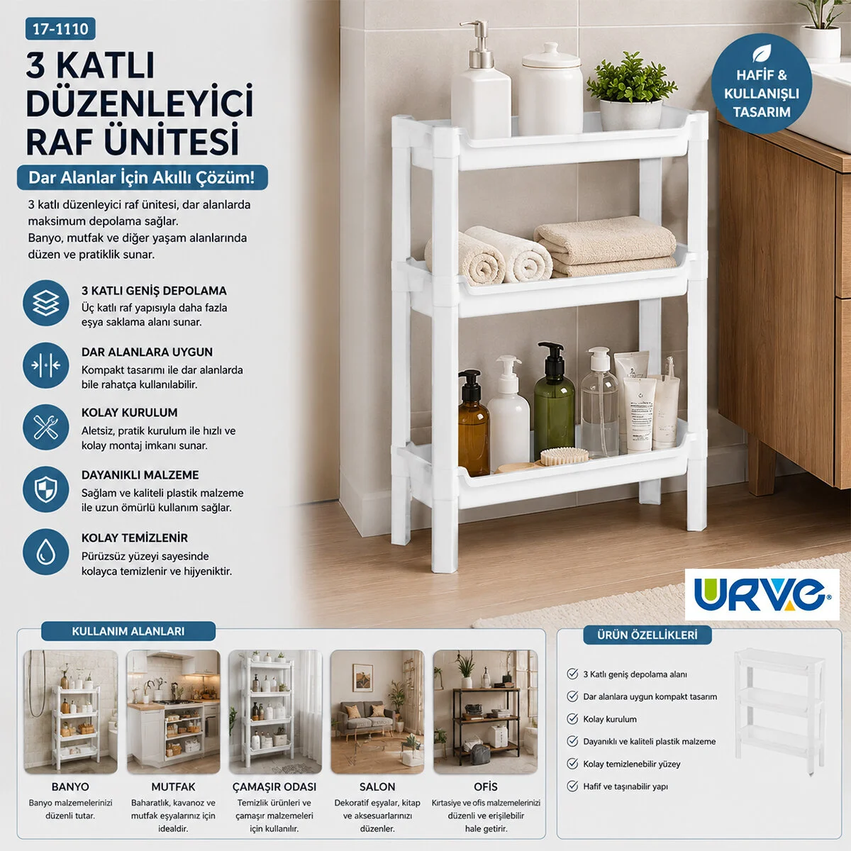 Rafty 3 Katlı Sepet Organizer Düzenleyici Raf Ünitesi 465X145X500MM görsel 2