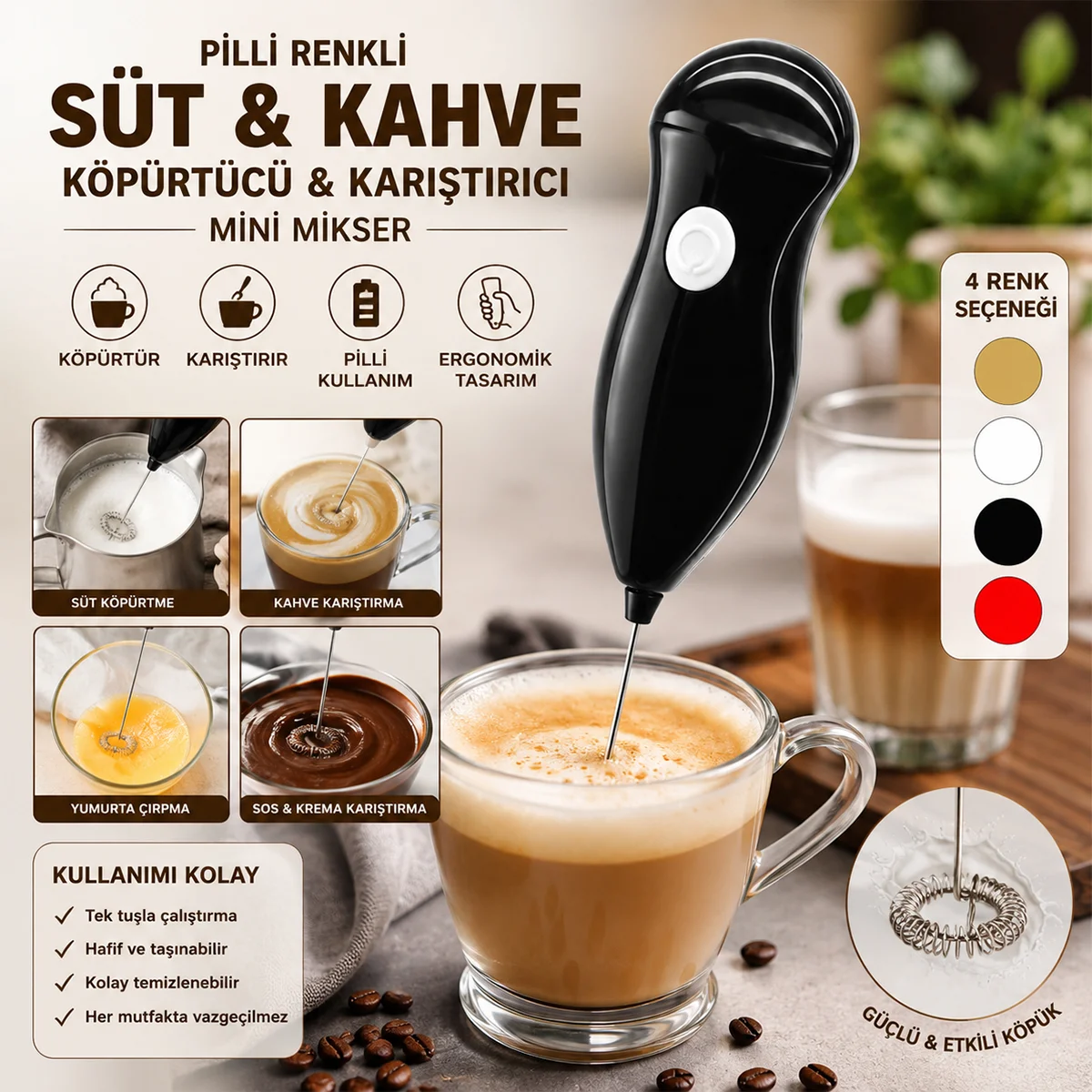 Pilli Mini Süt ve Kahve Köpürtücü görsel 3