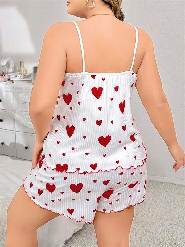 Büyük Beden Kalp Desen Pamuklu Şortlu Pijama Takımı görsel 4