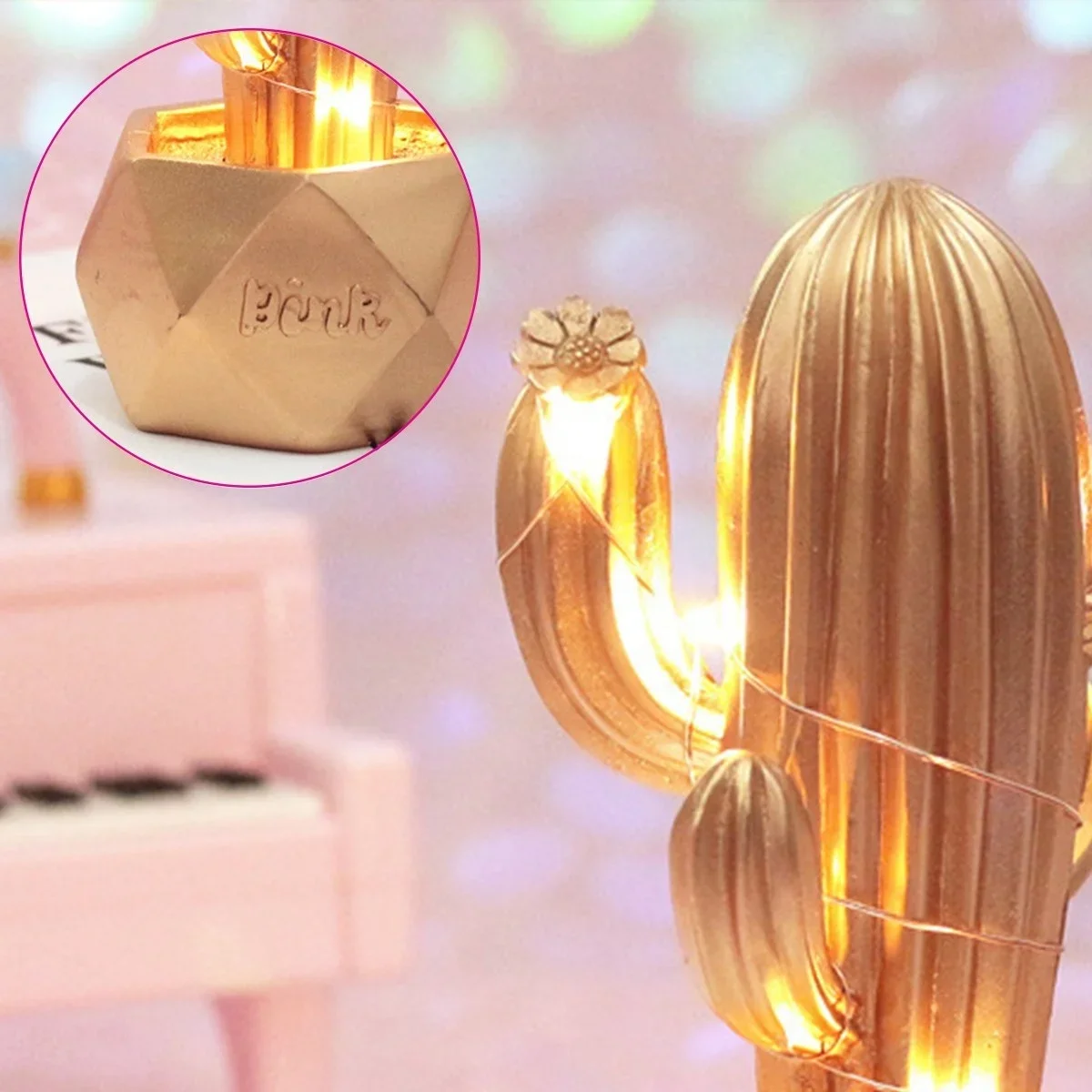 Led Işıklı Sevimli Kaktüs Dekoratif Masa Lambası ni Biblo Gece Lambası-GOLD görsel 3