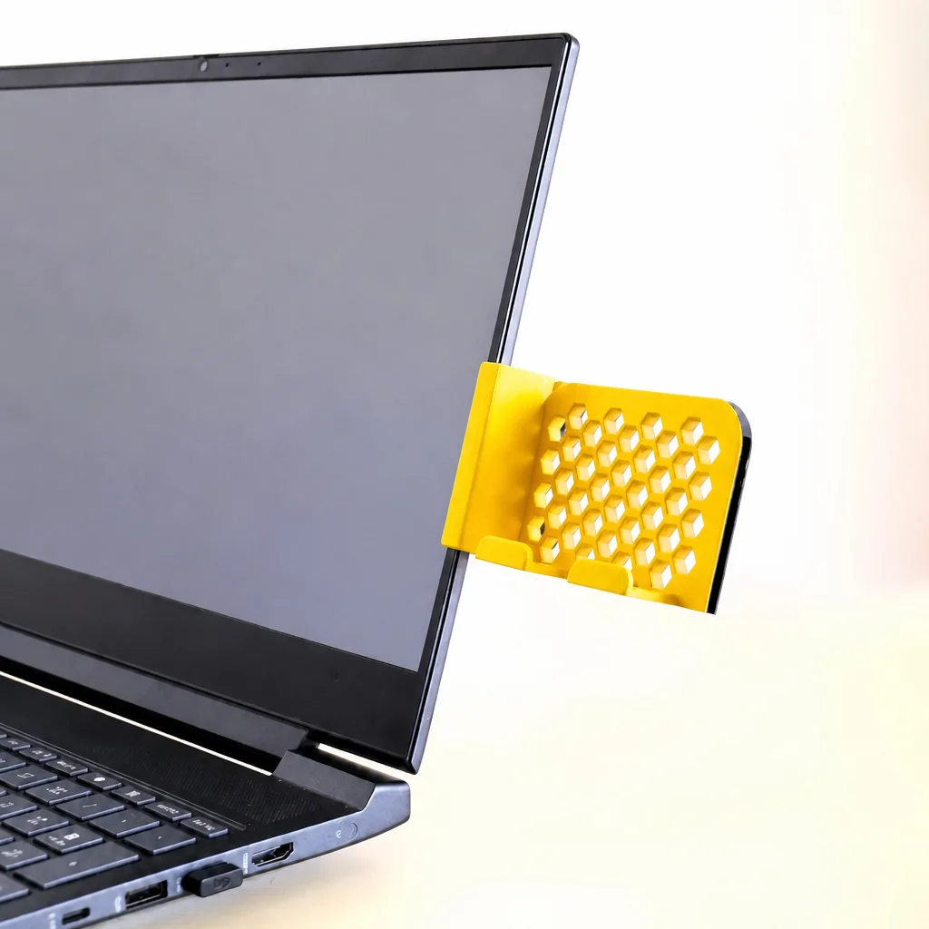 3D Baskı Monitor Telefon Tutucu - Petek Desenli Laptop Kenar Telefon Tutucu-Sarı görsel 2