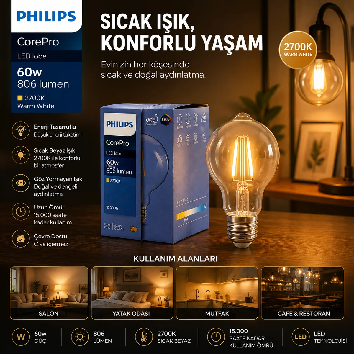 LED Filament Cam Ampul E27 görsel 3