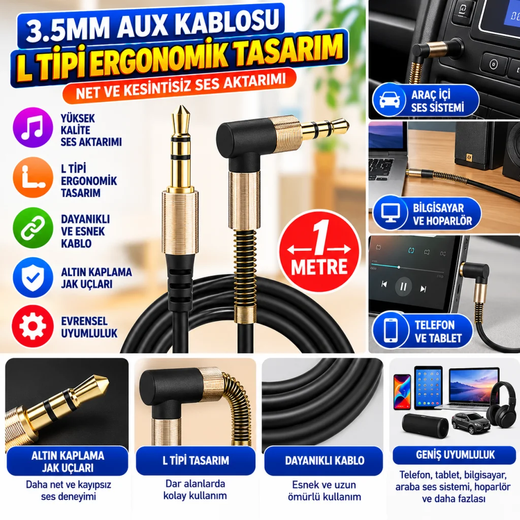 3.5mm AUX Kablosu Jak Erkek Erkek L Tipi 1 Metre Ses Aktarım Kablosu