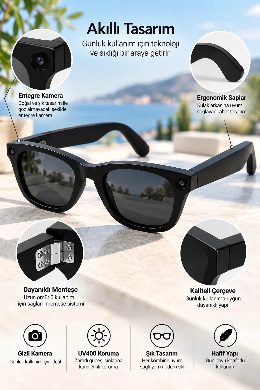 Kameralı Akıllı Güneş Gözlüğü Smart Glasses Anı Kaydetme (Kopya) görsel 3