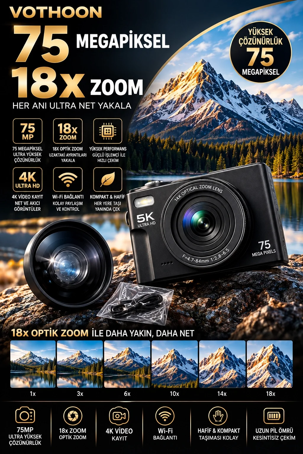 5K 75MP 18X Zoom Flaşlı 3” Flip Ekranlı Türkçe 32GB Kart Dijital Vlog Fotoğraf Makinesi Lens Hediyeli görsel 2