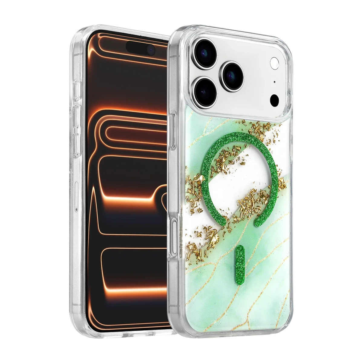 Onegif Apple İphone 17 Pro Lotus Simli Magsafe Kapak - Yeşil